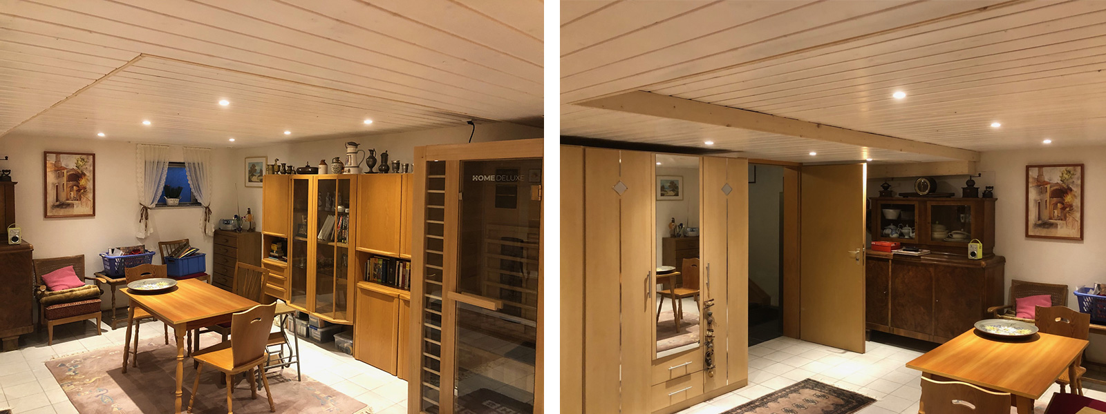 Decke Profilholz Fichte weiß, eingebaute Stahler